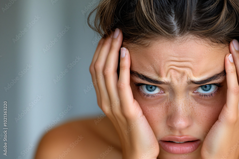 a distressed woman gripping her hair, face partially obscured a distressed woman gripping her hair, face partially obscured