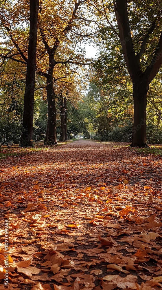 A tranquil autumn pathway, its surface completely covered with a blanket of fallen leaves, stretches out under the towering trees and filtered sunlight overhead. A tranquil autumn pathway, its surface completely covered with a blanket of fallen leaves, stretches out under the towering trees and filtered sunlight overhead.