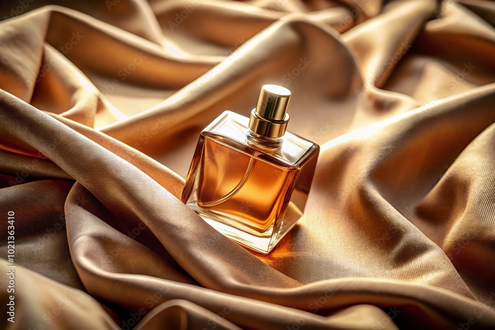 Elegant Brown Bottle of Perfume on a Soft Fabric Background with Natural Light and Shadows Elegant Brown Bottle of Perfume on a Soft Fabric Background with Natural Light and Shadows