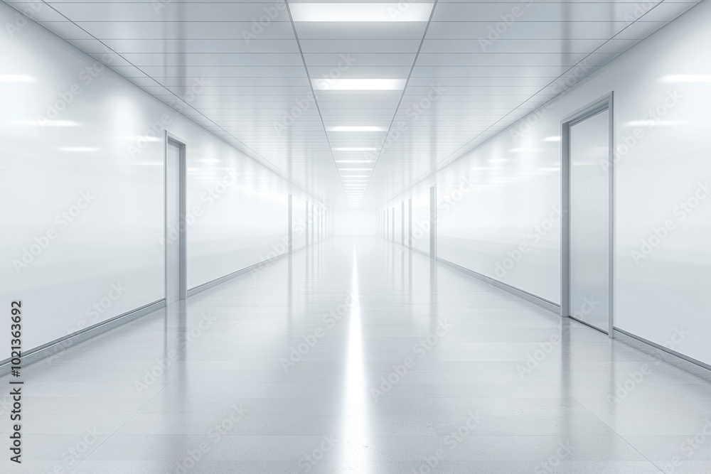 A long, white corridor with doors on either side and a bright light at the end. A long, white corridor with doors on either side and a bright light at the end.