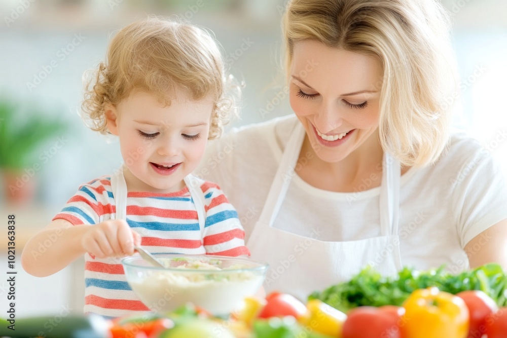 A smiling mother and her toddler, around 3 years old, of European descent, enjoy cooking together in a bright kitchen. A smiling mother and her toddler, around 3 years old, of European descent, enjoy cooking together in a bright kitchen.
