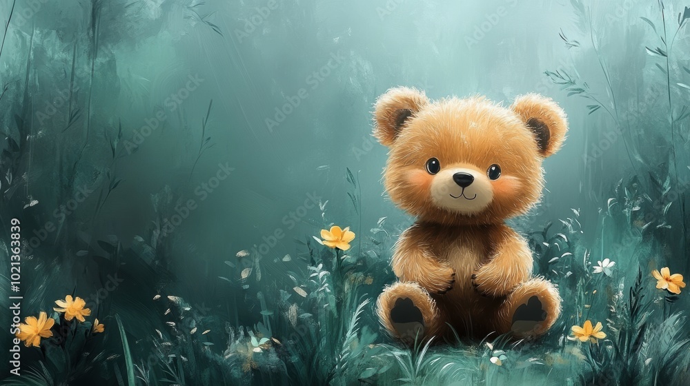 Cute Cartoon Bear Sitting Among Flowers in Forest Cute Cartoon Bear Sitting Among Flowers in Forest