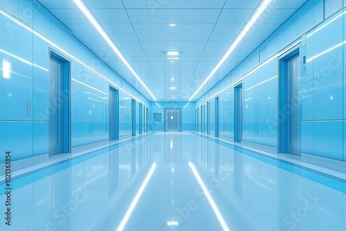 A Long, Empty Corridor with Blue Walls and Bright Lights