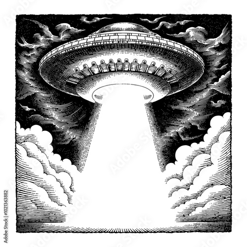 Black and White Outline Line Art Drawing of UFO Ship Shining in the Sky with Clouds