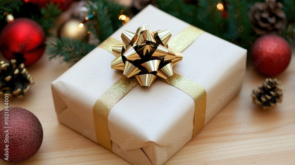 Christmas Gift with Golden Bow on Wooden Surface Christmas Gift with Golden Bow on Wooden Surface