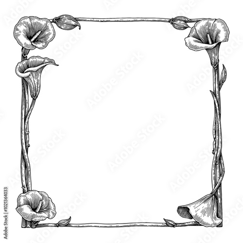 Black and White Outline Line Art Drawing Vintage Frame made of Calla Lily Flowers