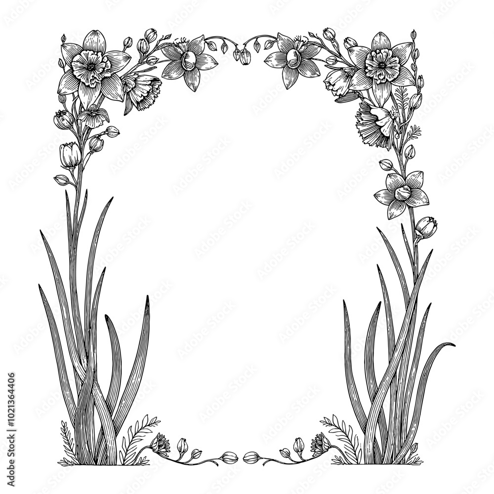 Black and White Outline Line Art Drawing of Daffodil Flowers Vintage Frame Black and White Outline Line Art Drawing of Daffodil Flowers Vintage Frame