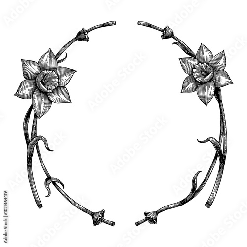 Vintage Frame made of Daffodil Flowers Black and White Outline Line Art Drawing