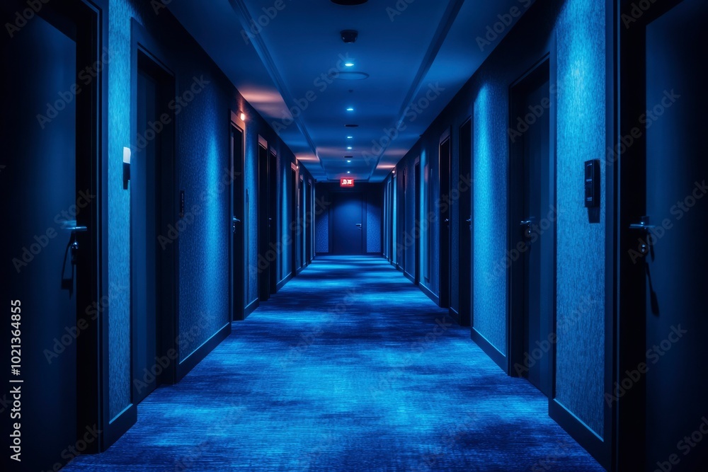 Fototapeta premium Blue-lit Hotel Corridor with Doors and Carpeted Floor