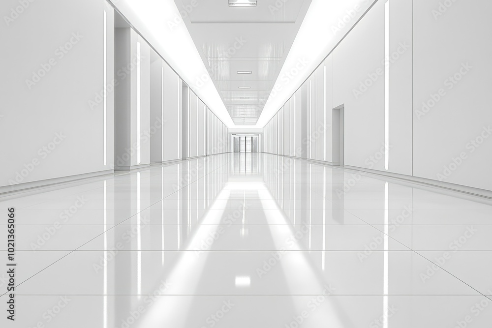 A Long, White, and Empty Corridor with a Door at the End A Long, White, and Empty Corridor with a Door at the End