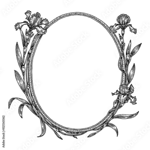 Black and White Outline Line Art Drawing of Vintage Oval Frame Decorated with Iris Flowers