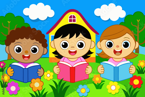 Cheerful cartoon children reading books.