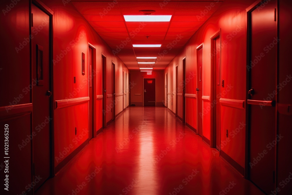 Red Hallway with Doors and Fluorescent Lights Red Hallway with Doors and Fluorescent Lights