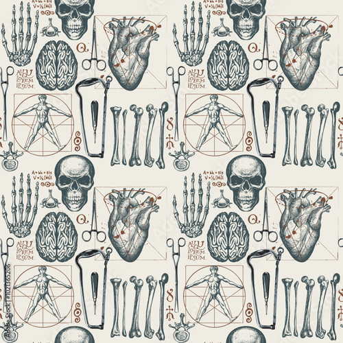 Anatomy seamless pattern with hand-drawn human skulls, bones, organs and surgical instruments on a backdrop of handwritten text lorem ipsum. Vintage vector background with sketches on a medical theme