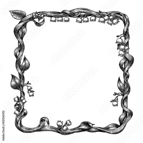 Black and White Outline Line Art Drawing Vintage Frame made of Lily of the Valley flowers