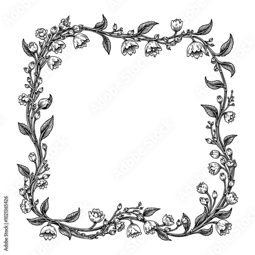 Black and White Outline Line Art Drawing Vintage Frame made of Lily of the Valley Flowers