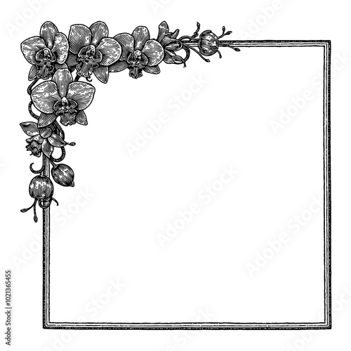 Black and White Outline Line Art Drawing Vintage Frame with Orchid Flowers Illustration