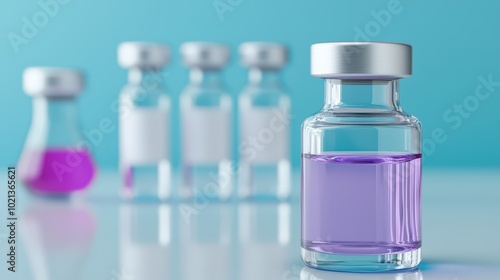 Vial containing purple liquid with blurred background of additional vials.