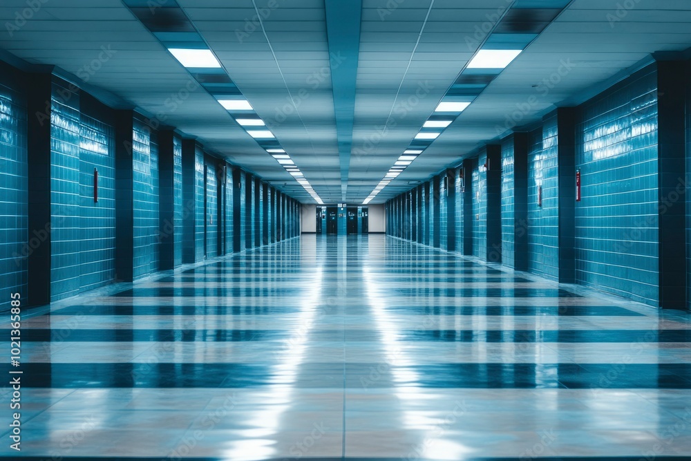 Long, Empty Corridor with Tile Walls and a Shiny Floor Long, Empty Corridor with Tile Walls and a Shiny Floor
