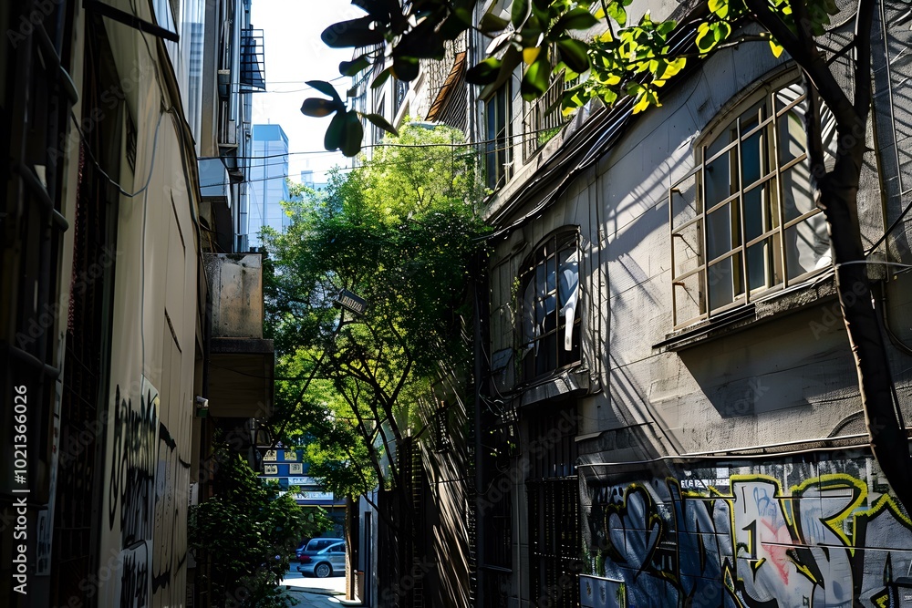Fototapeta premium Narrow Alleyway in Urban City with Graffiti and Sunbeams