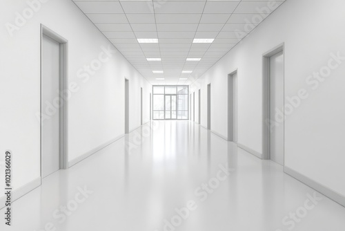 A White Hallway with Doors and a Window at the End