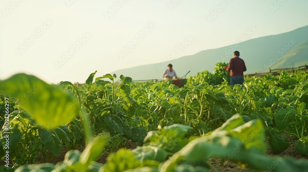 Two individuals working in a lush green field, harvesting crops under a bright sky with mountains in the background. Two individuals working in a lush green field, harvesting crops under a bright sky with mountains in the background.