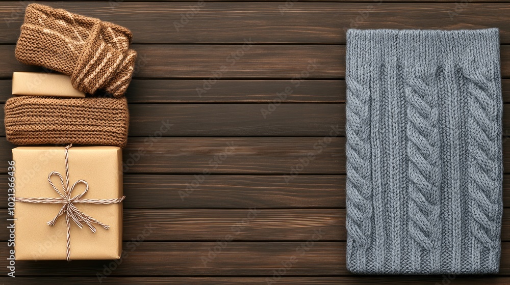 A warm arrangement of soft, knitted sweaters lies flat on a rustic wooden surface, accompanied by a festive gift box, creating a cozy Christmas atmosphere with room for design A warm arrangement of soft, knitted sweaters lies flat on a rustic wooden surface, accompanied by a festive gift box, creating a cozy Christmas atmosphere with room for design
