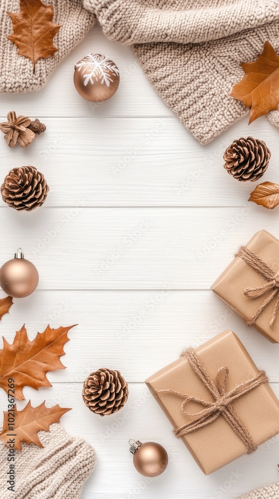 A warm arrangement of soft, knitted sweaters lies flat on a rustic wooden surface, accompanied by a festive gift box, creating a cozy Christmas atmosphere with room for design A warm arrangement of soft, knitted sweaters lies flat on a rustic wooden surface, accompanied by a festive gift box, creating a cozy Christmas atmosphere with room for design