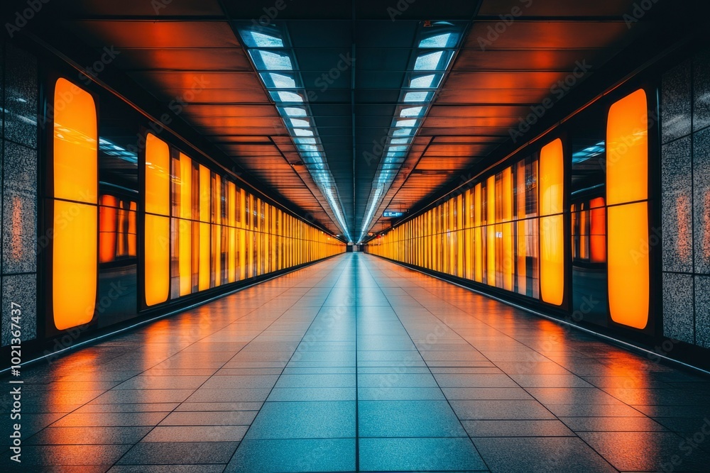 Fototapeta premium A symmetrical illuminated corridor with a tiled floor