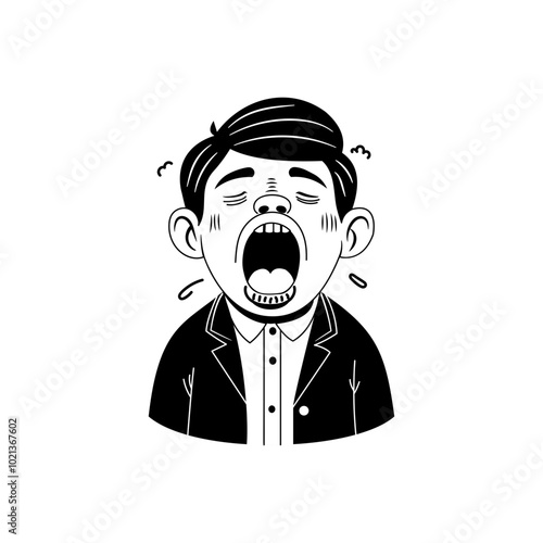 Hand drawn illustration of a tired person yawning with open mouth 