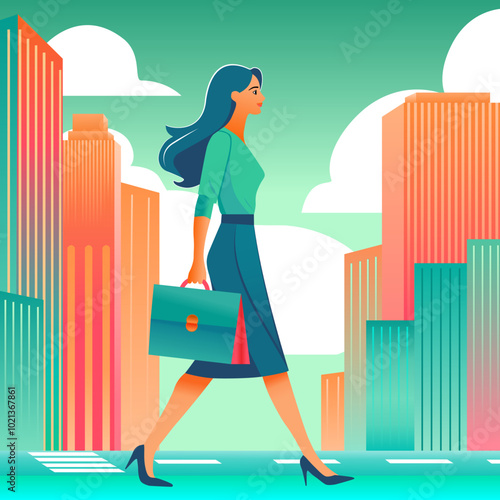 Elegant pastel coloured illustration of a woman going to work with a briefcase in a big city. Turquoise and orange tones form a colour contrast.