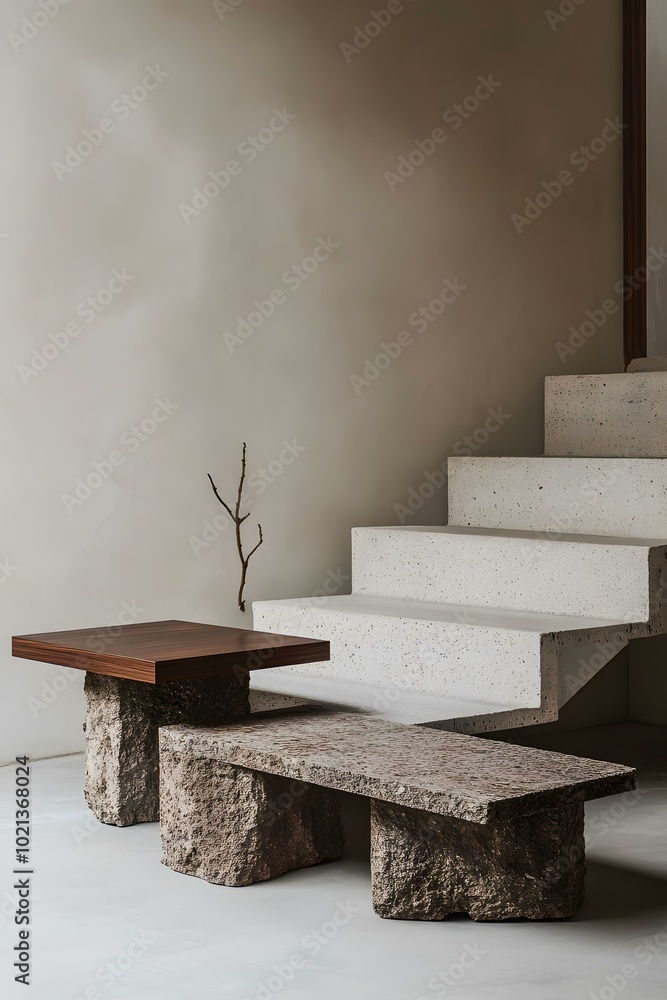 Modern Minimalist Interior Design with Stone Table and Bench Modern Minimalist Interior Design with Stone Table and Bench