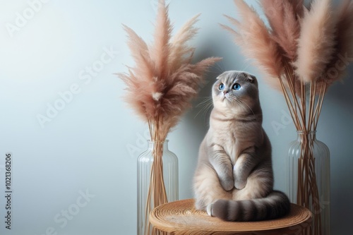  Eine schottische Faltohrkatze, scottish fold kater steht aufrecht zwischen flauschigen Pampasgräsern. Ruhige Pose und der weiche Hintergrund erzeugen eine harmonische.  Atmosphäre. Generative KI  photo