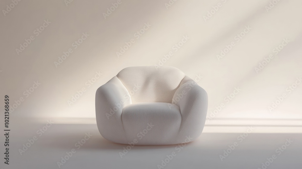 A modern, minimalist armchair in soft white against a light background, emphasizing comfort. A modern, minimalist armchair in soft white against a light background, emphasizing comfort.