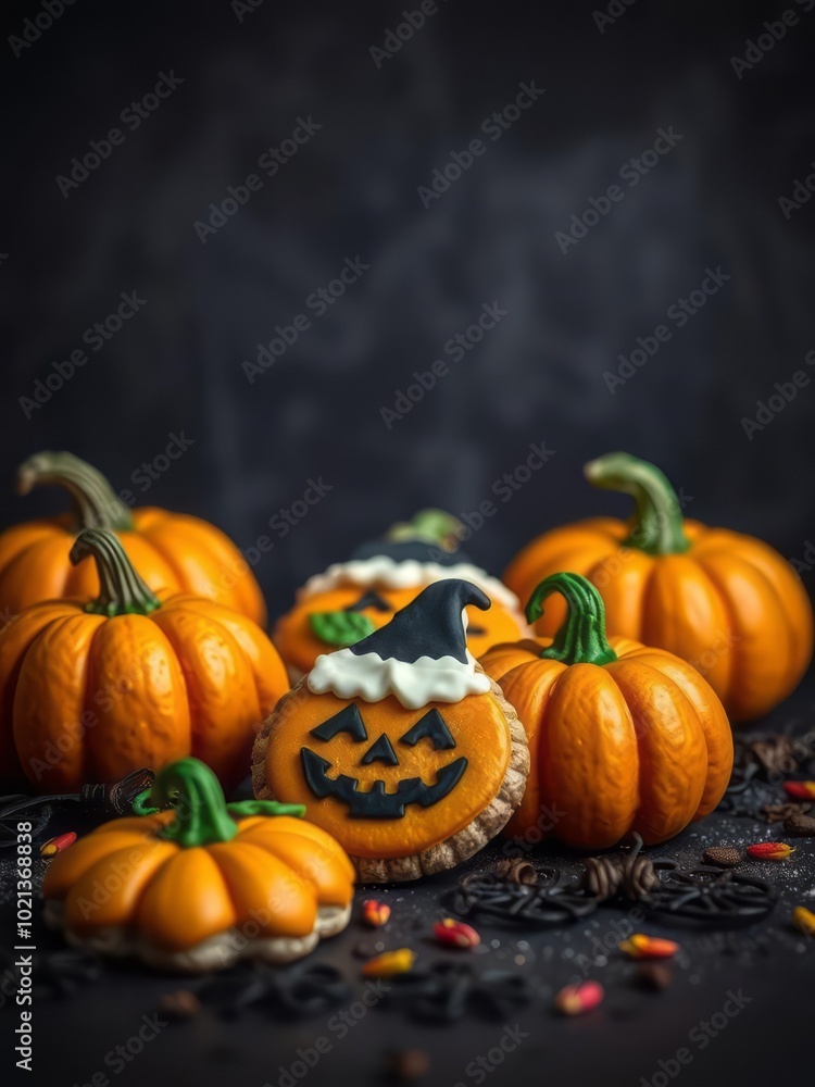 Festive halloween cookies and pumpkins set against a dark backdrop halloween backdrop Festive halloween cookies and pumpkins set against a dark backdrop halloween backdrop