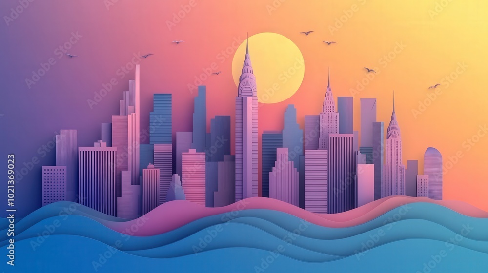 Serene Anime Cityscape Illustration in Minimalist Paper Cut Style with Playful Colors and High Contrast, Ideal for Digital Design Projects