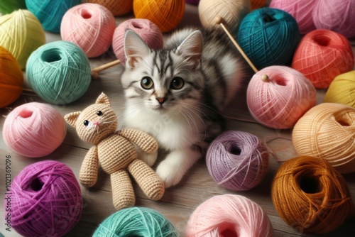 GPT

Ein getigerter Kätzchen liegt verspielt zwischen bunten Wollknäueln und einem gehäkelten Katzenspielzeug, umgeben von Strickutensilien. Generative KI. photo