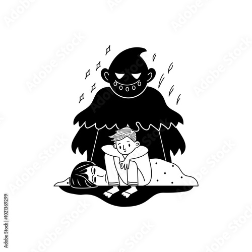 A person have shadow fear, hand drawn illustration 