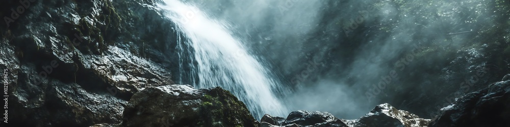 A cool, icy waterfall with misty surroundings and space for text A cool, icy waterfall with misty surroundings and space for text