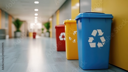 Colorful recycling bins in a modern hallway promoting waste separation and environmental awareness.