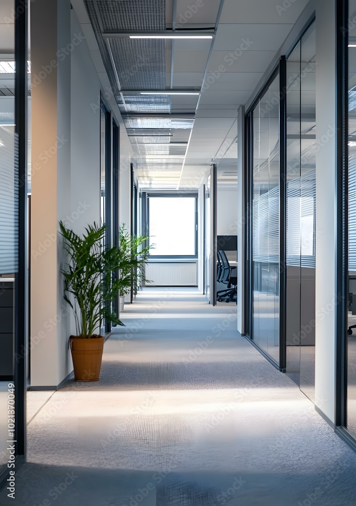 Modern Office Hallway With Glass Walls and Plant Modern Office Hallway With Glass Walls and Plant