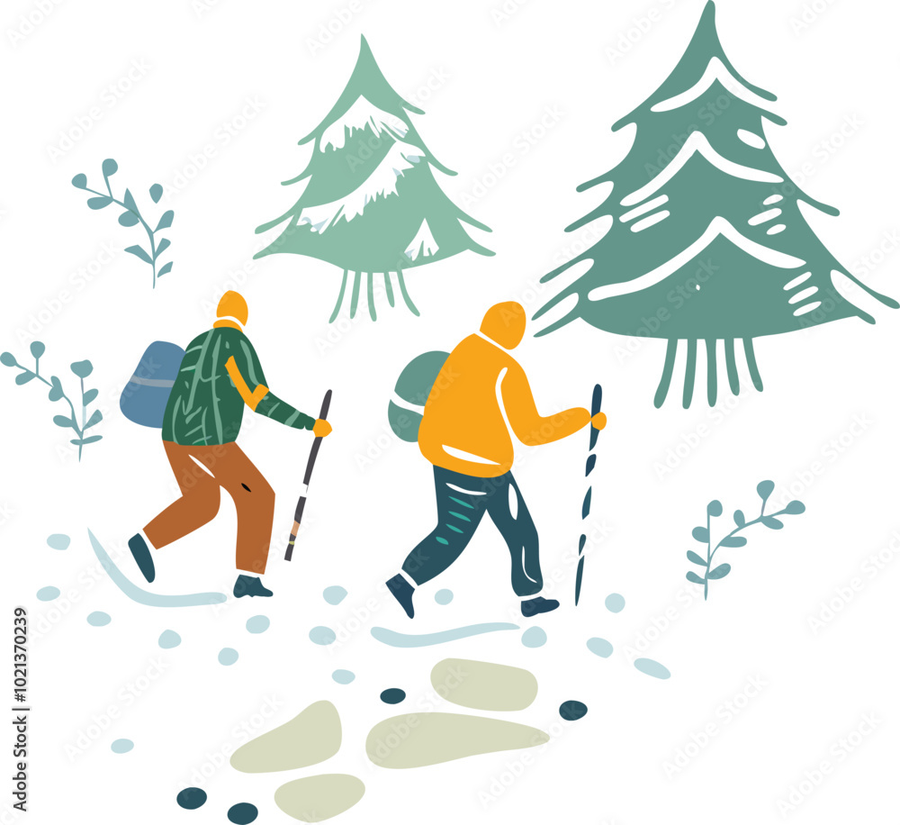 Fototapeta premium Couple Walking in Snowy Landscape with Trees Around