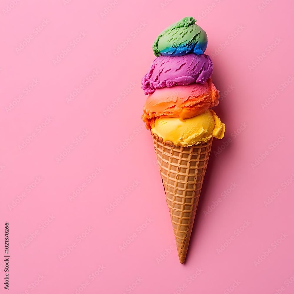 A colorful ice cream cone with four scoops on a pink background. A colorful ice cream cone with four scoops on a pink background.