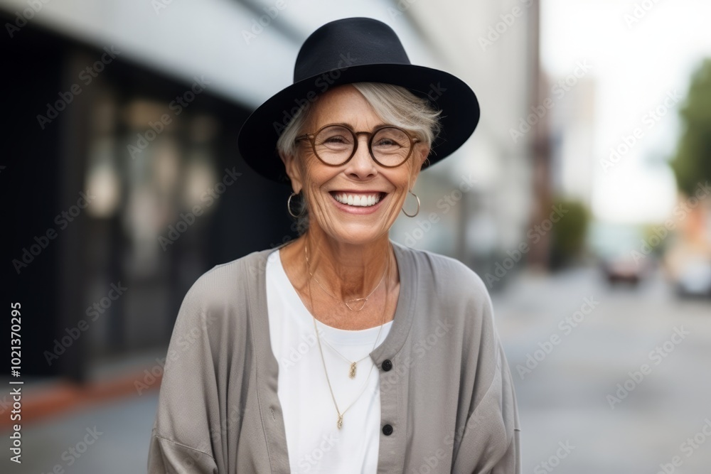 Portrait of a happy senior woman wearing hat and glasses in the city Portrait of a happy senior woman wearing hat and glasses in the city