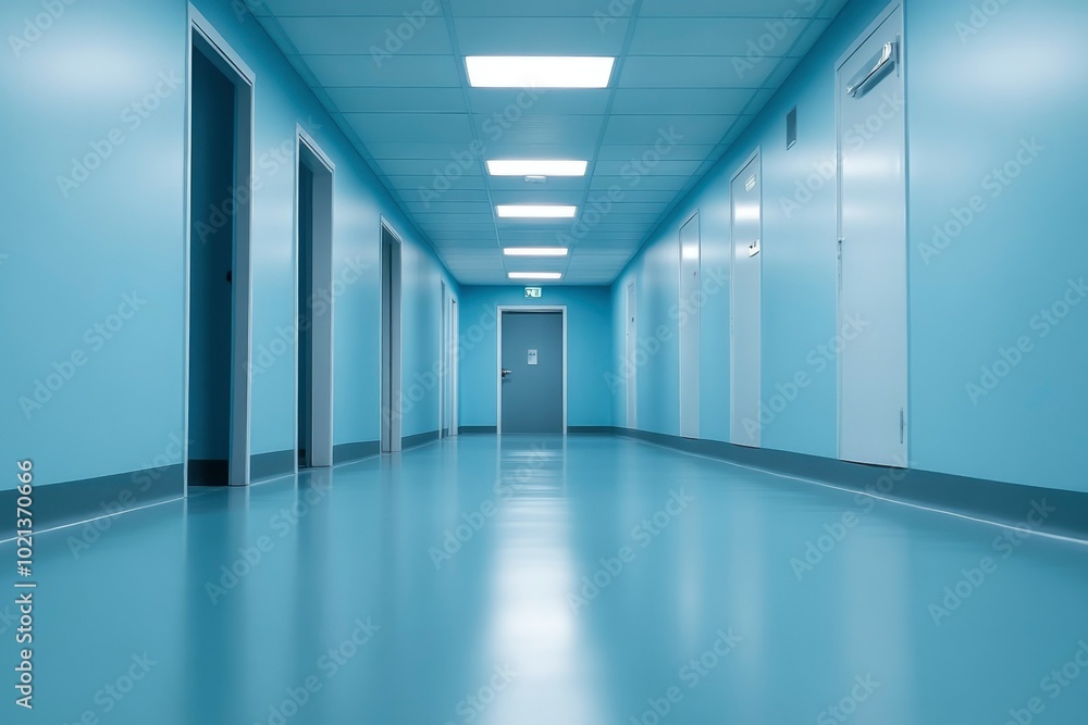 A Long Empty Hallway with Doors and Fluorescent Lights A Long Empty Hallway with Doors and Fluorescent Lights