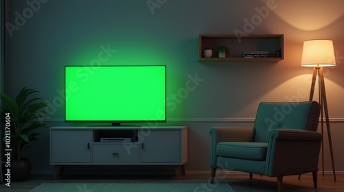 Nighttime cozy living room setting with soft lighting and a flat-screen TV glowing with a green display