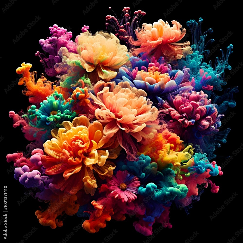 Obraz premium amazing abstract art composition colored smoke and flowers on a black background