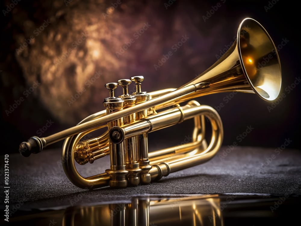Obraz premium Elegant golden trumpet resting on a dark velvet surface, showcasing its intricate design and shine