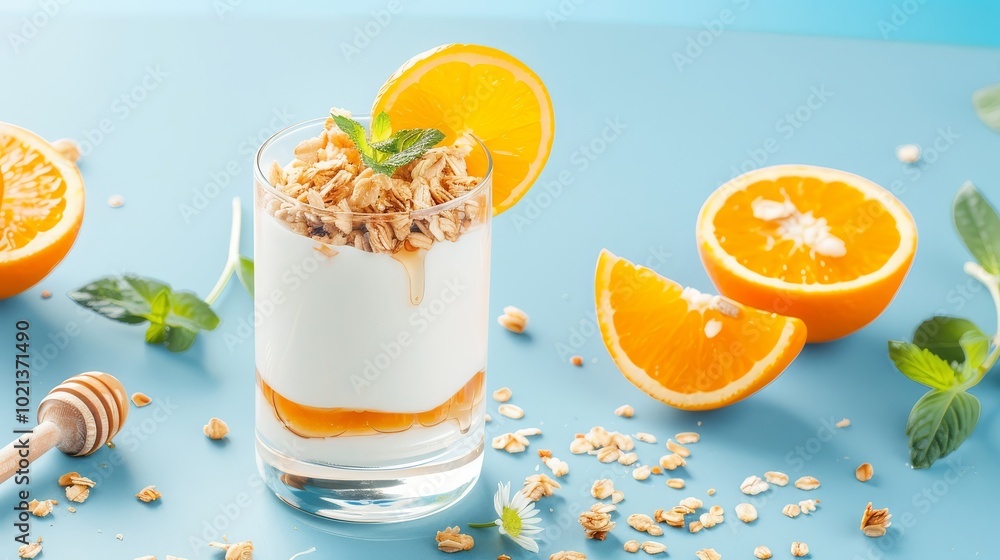 Orange-flavored yogurt parfait with granola and honey Orange-flavored yogurt parfait with granola and honey