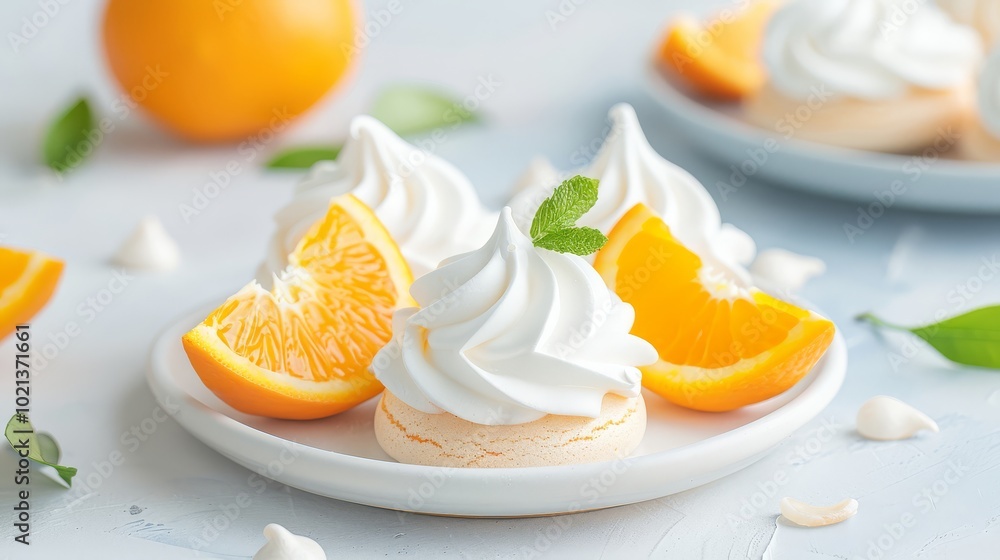 Orange-flavored meringue cookies on a white plate Orange-flavored meringue cookies on a white plate